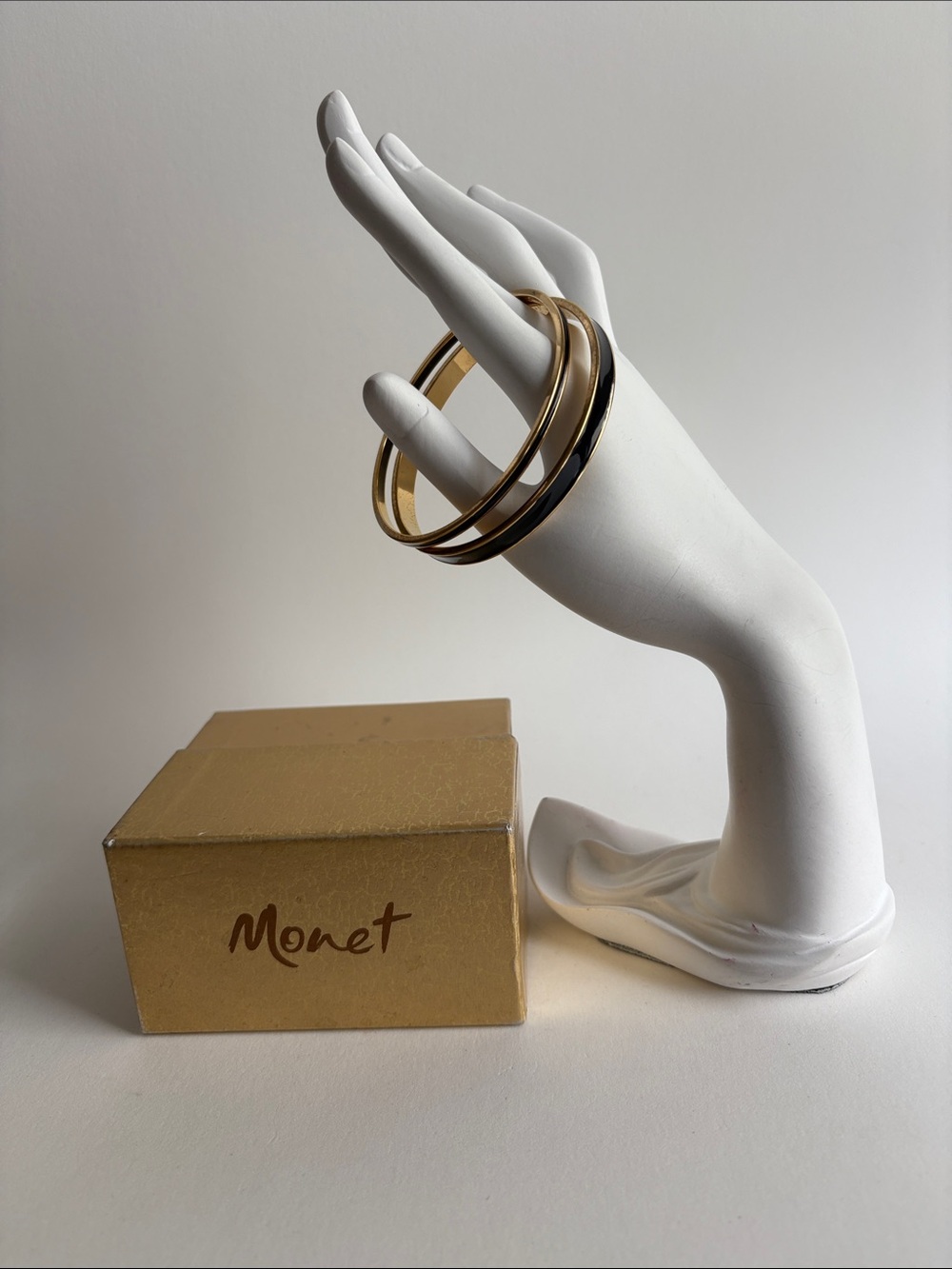 Vintage 1980s Monet Gold Black Enamel Bangle Set w/ Original Box